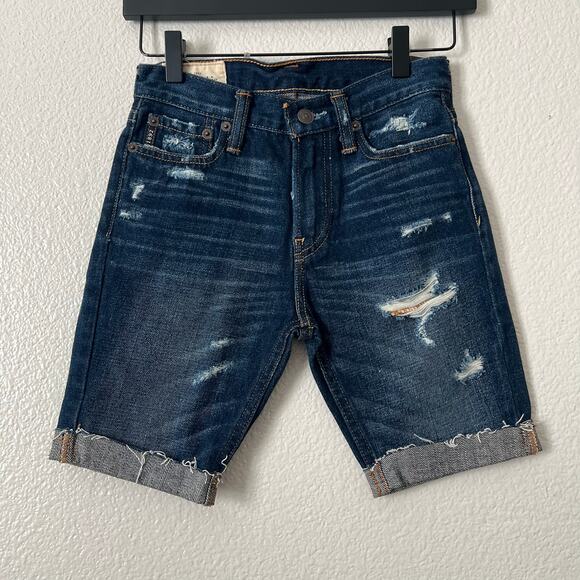 Abercrombie Kids Boys Distressed Destroyed Denim Jean Shorts Cuffed Dark Wash - Picture 1 of 5